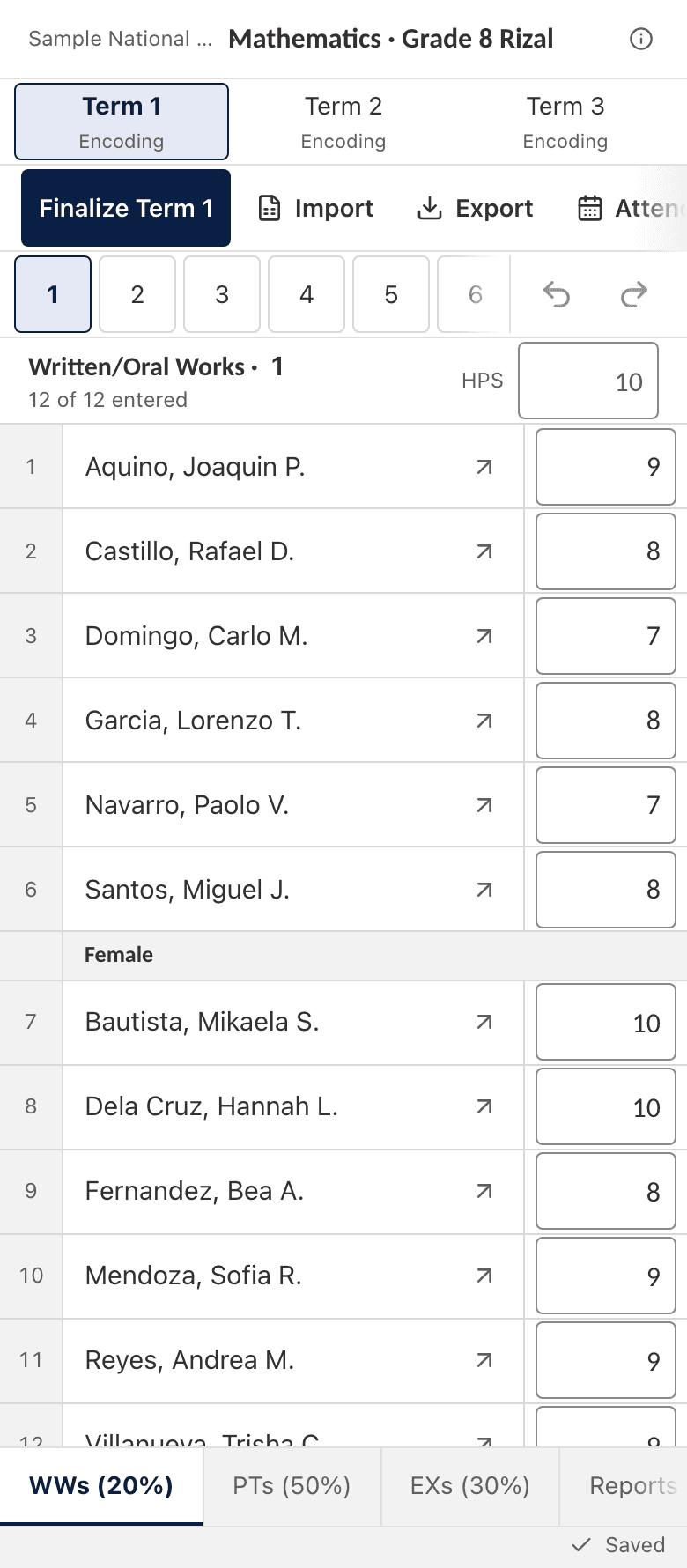 The same class record on a phone, with Andrea Reyes's Term 1 summary open: Written/Oral Works, Product/Performance Tasks and Examinations, initial grade 89.54, transmuted grade 91