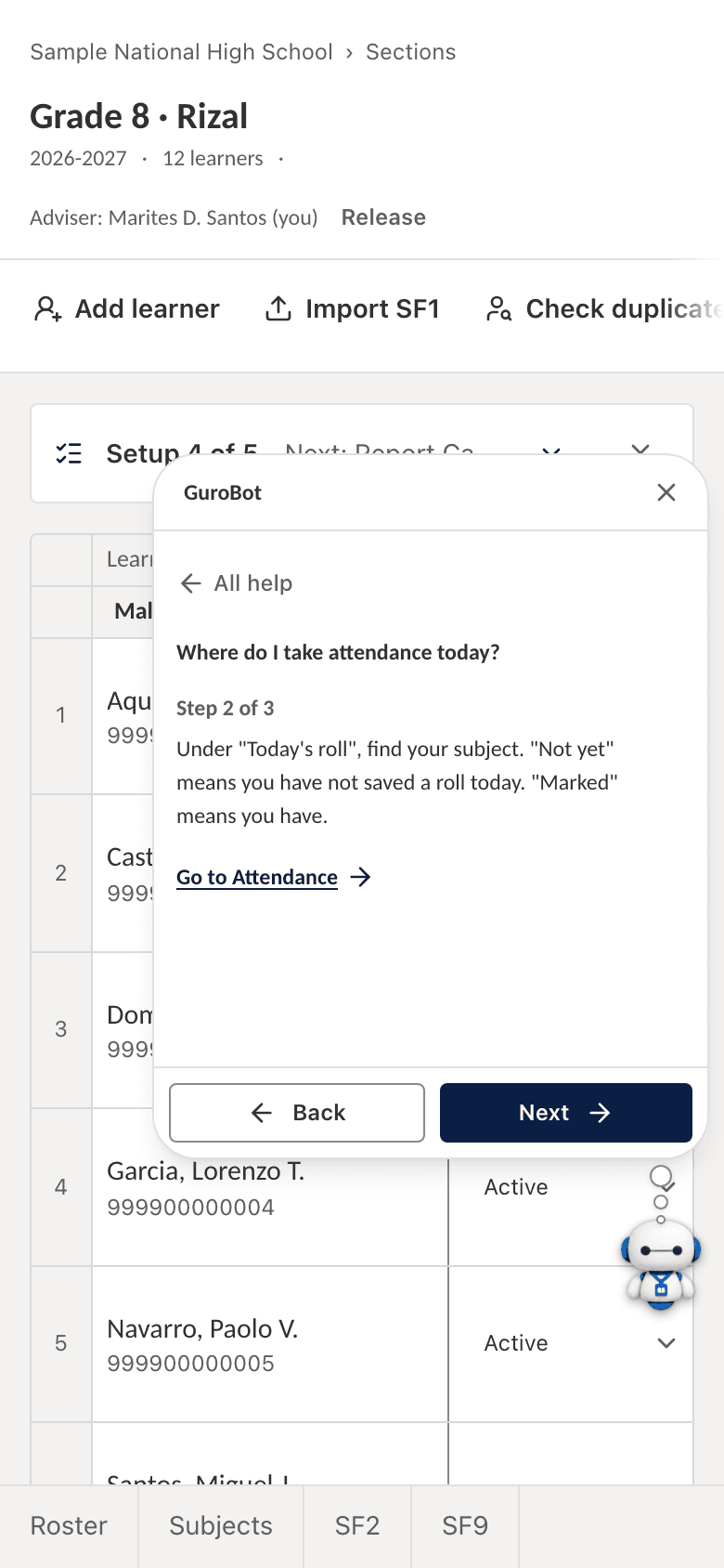 GuroBot open over a section roster on a phone, answering Where do I take attendance today? with step 2 of 3 and a Go to Attendance link