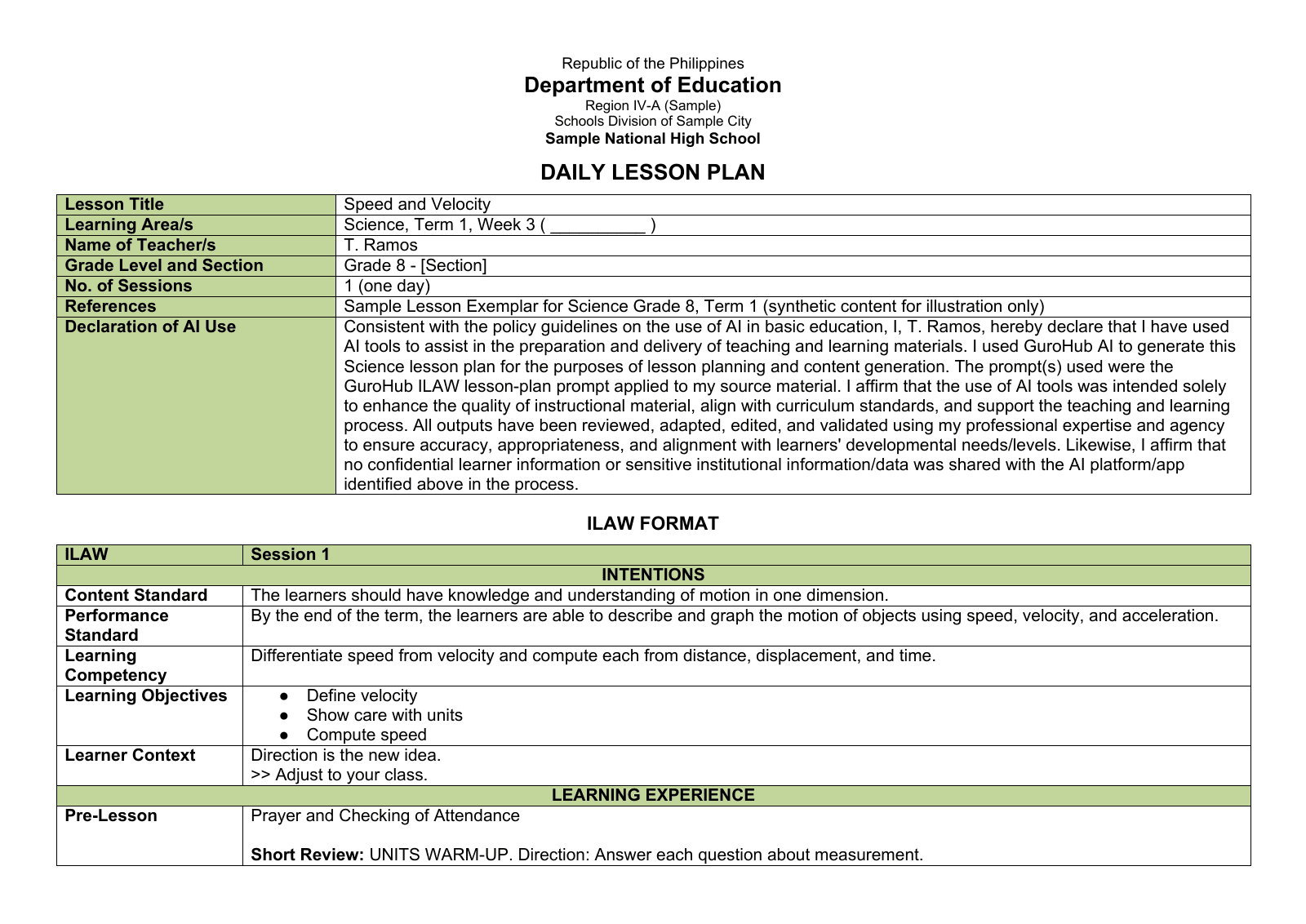 The first page of a GuroHub-generated ILAW lesson plan for Grade 8 Science, Speed and Velocity, with the lesson details, AI use declaration, intentions and learning objectives
