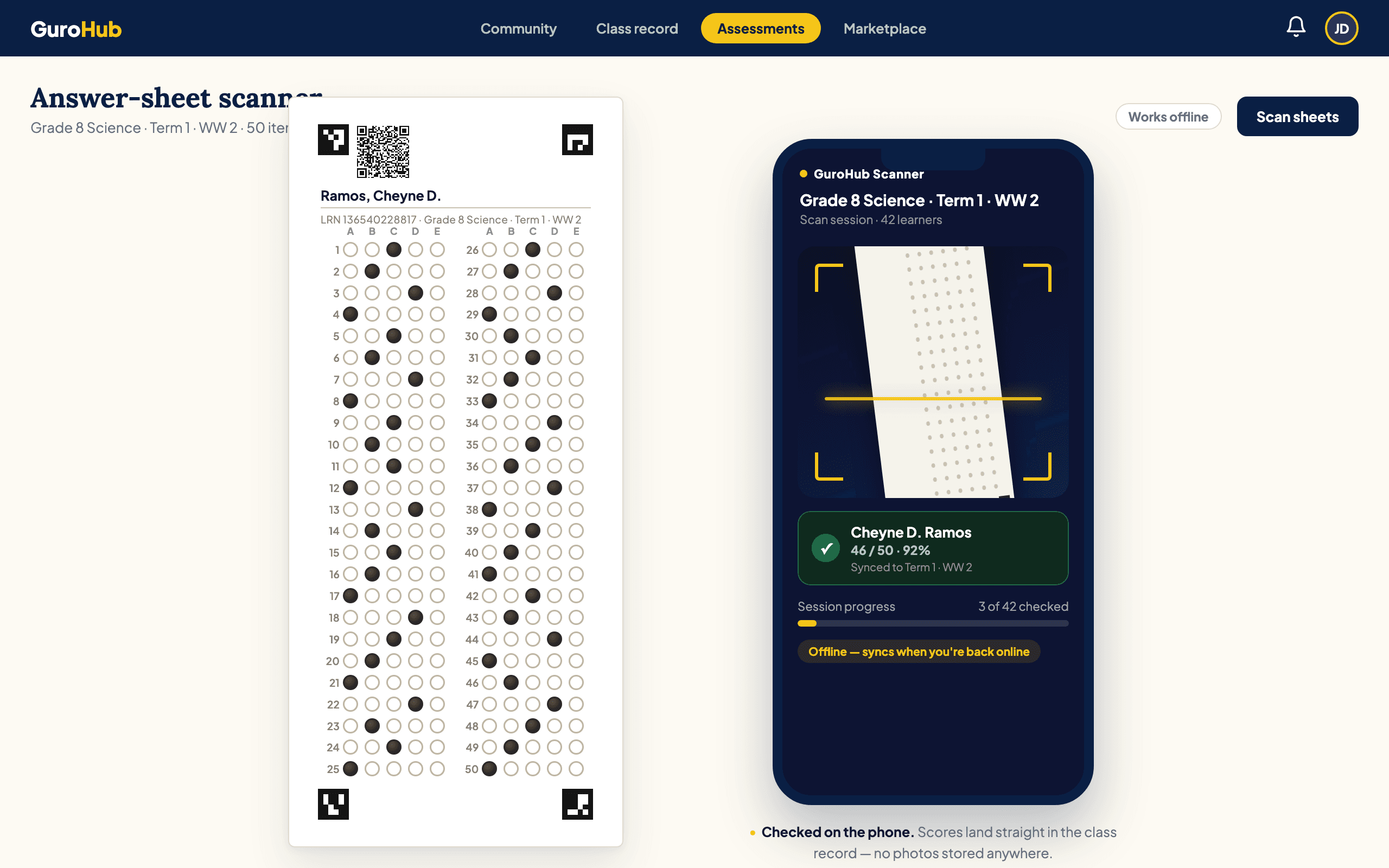 GuroHub answer slip with QR code and corner markers beside the GuroHub Scanner app checking bubble sheets on a phone