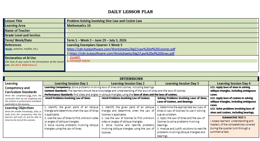Preview 2 of MATH 10 Daily Lesson Plan ILAW format with worksheet WEEK 3